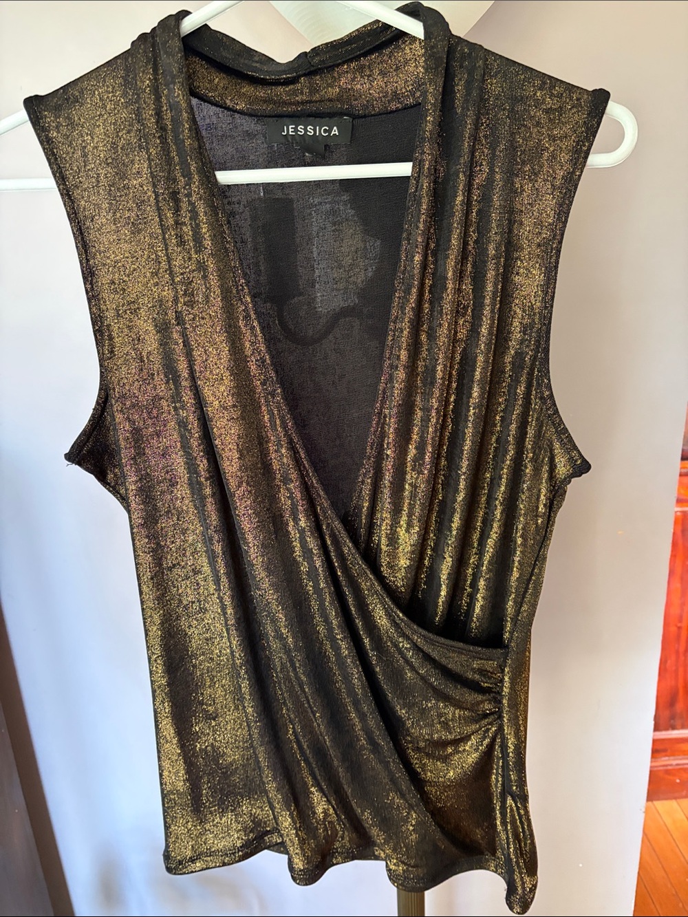Jessica 🇨🇦 Shimmery Gold-Black Faux Wrap Sleeveless Top